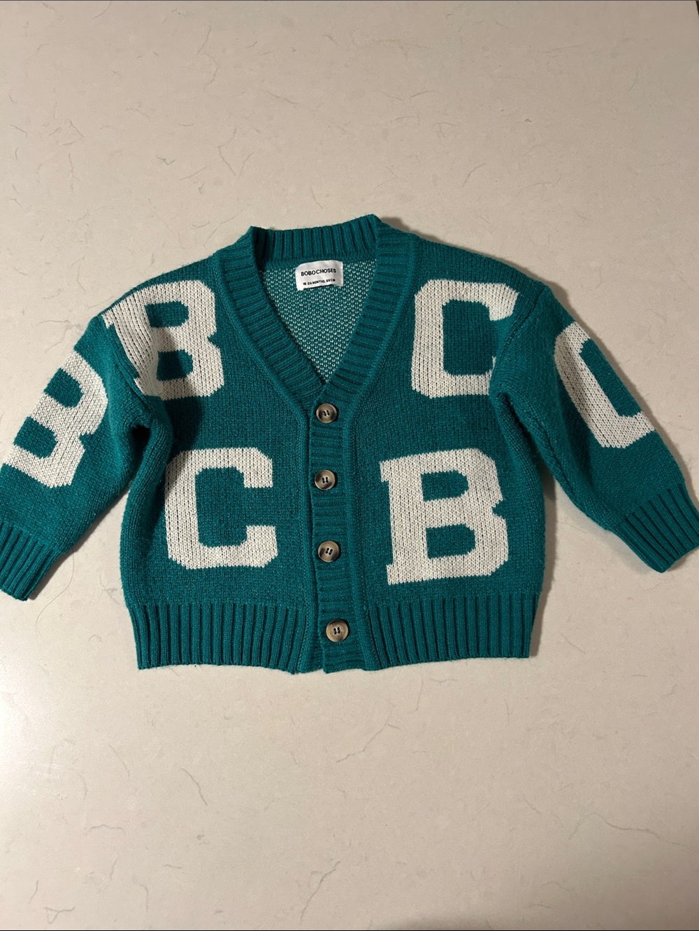 Bobo Choses -Forest Green Knit Cardigan with White Lettering
